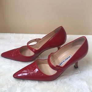 Manola Blahnik red, patent leather, Mary Janes.